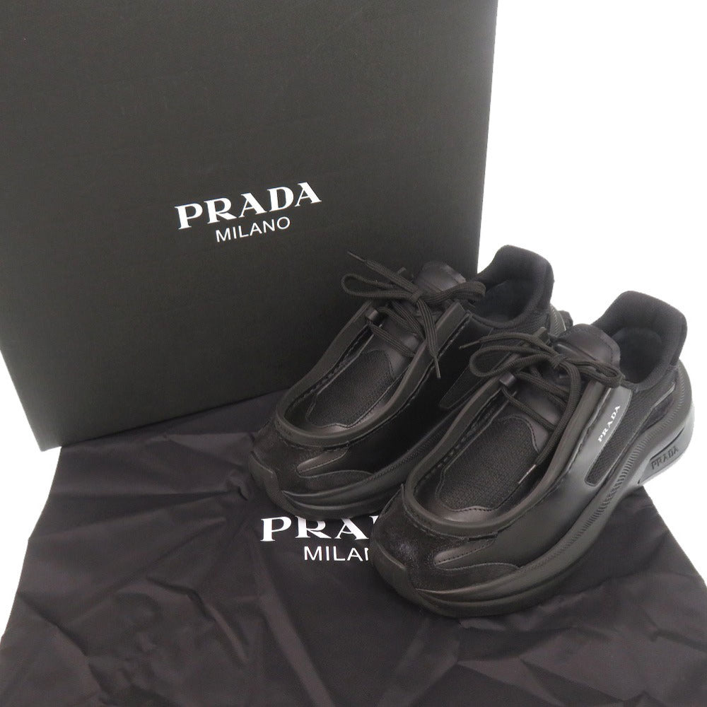 未使用品 プラダ システム 1E492N サイズ38 レザー スエード ブラック スニーカー 黒 0579【中古】PRADA