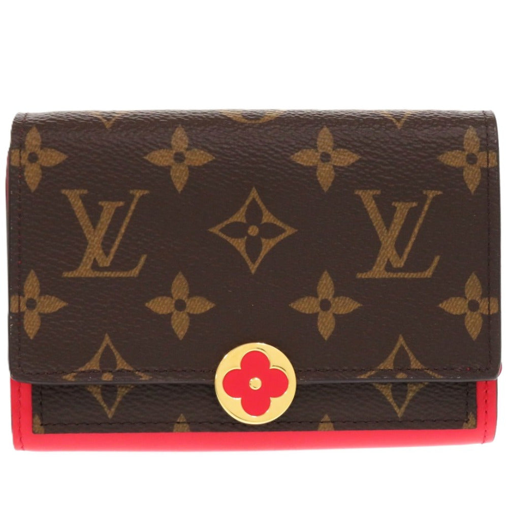 美品 ルイ ヴィトン ポルトフォイユ フロール コンパクト M64587 レザー モノグラムキャンバス コクリコ ICタグ LV 赤 二つ折り財布 0692【中古】LOUIS VUITTON