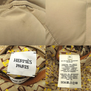 美品 エルメス ベルト付 リバーシブル ロング ダウンジャケット レザーパッチ Hロゴ 総柄 セリエボタン ダウンフェザー イエロー 0710【中古】HERMES