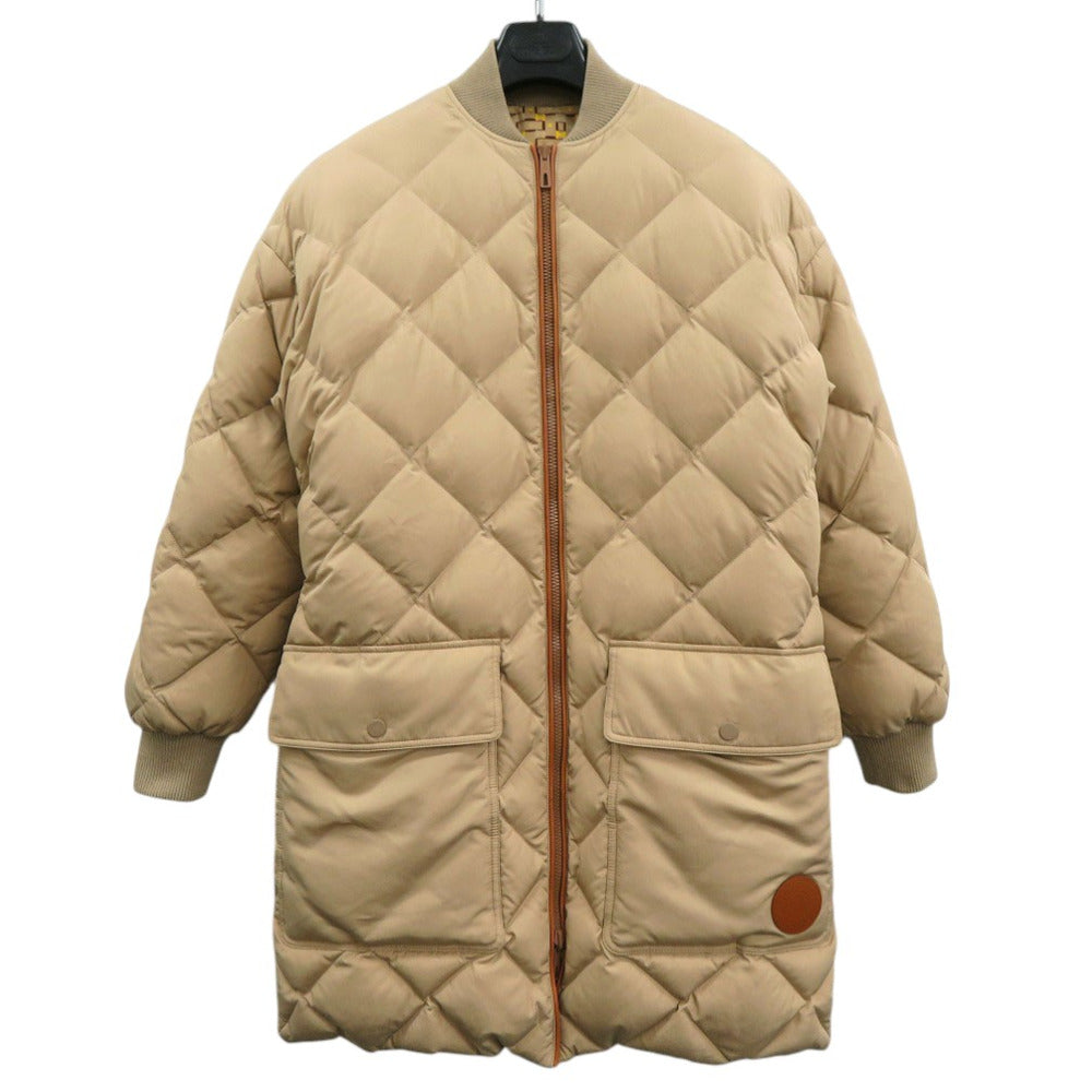 美品 エルメス ベルト付 リバーシブル ロング ダウンジャケット レザーパッチ Hロゴ 総柄 セリエボタン ダウンフェザー イエロー 0710【中古】HERMES