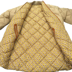 美品 エルメス ベルト付 リバーシブル ロング ダウンジャケット レザーパッチ Hロゴ 総柄 セリエボタン ダウンフェザー イエロー 0710【中古】HERMES