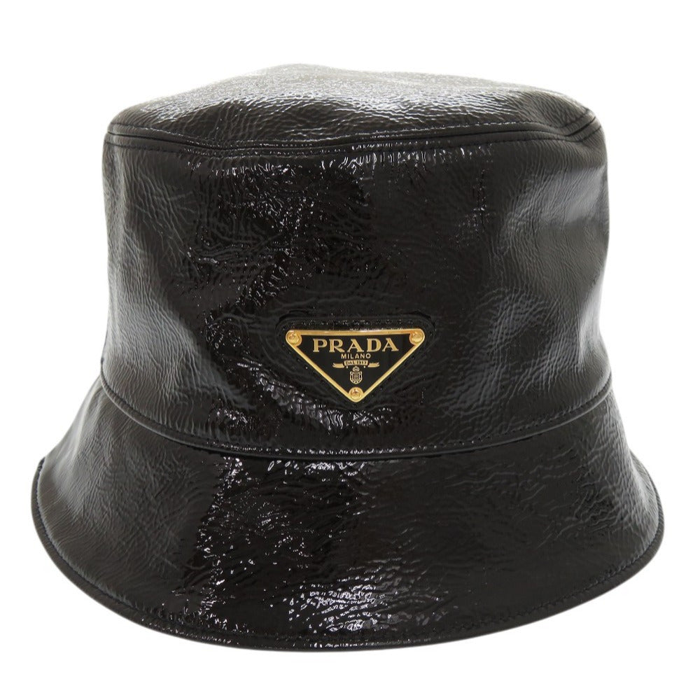 新品同様 プラダ トライアングルロゴ サイズM 1HC137 パテントレザー ブラック バケットハット 帽子 黒 0729【中古】PRADA