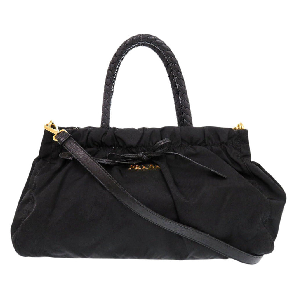 美品 プラダ BN1631 TRSSUTO BOW ナイロン レザー NERO ブラック 2way ハンドバッグ 黒 0810【中古】PRADA