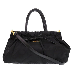 美品 プラダ BN1631 TRSSUTO BOW ナイロン レザー NERO ブラック 2way ハンドバッグ 黒 0810【中古】PRADA