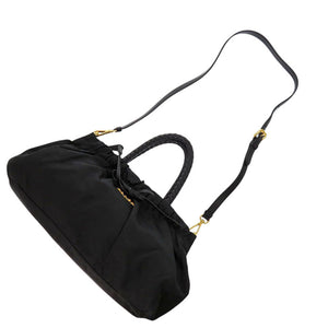 美品 プラダ BN1631 TRSSUTO BOW ナイロン レザー NERO ブラック 2way ハンドバッグ 黒 0810【中古】PRADA