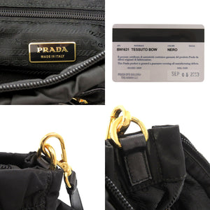 美品 プラダ BN1631 TRSSUTO BOW ナイロン レザー NERO ブラック 2way ハンドバッグ 黒 0810【中古】PRADA
