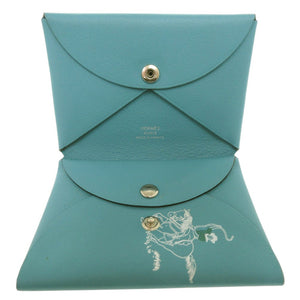 美品 エルメス カルヴィデュオ Calvi Duo カードケース レザー ブルー W刻印 0848【中古】HERMES