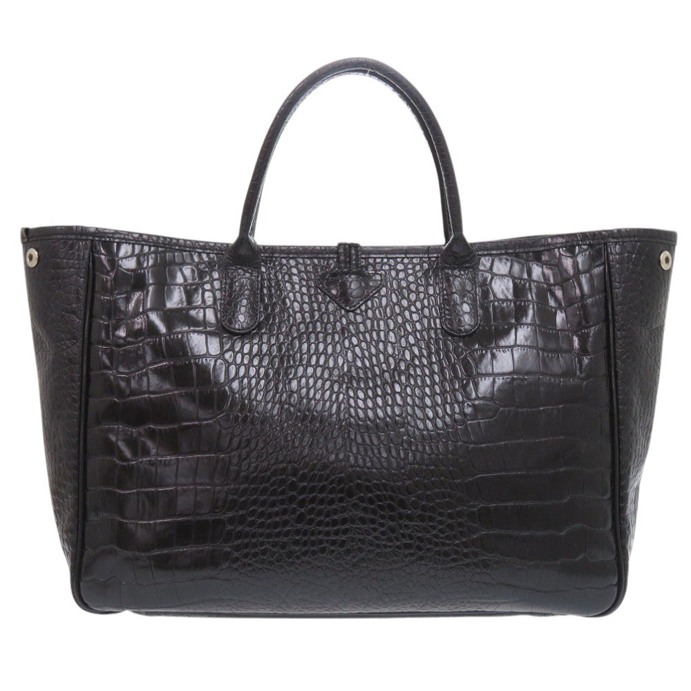 ロンシャン 型押しレザー ブラック トートバッグ 黒 0855【中古】Longchamp