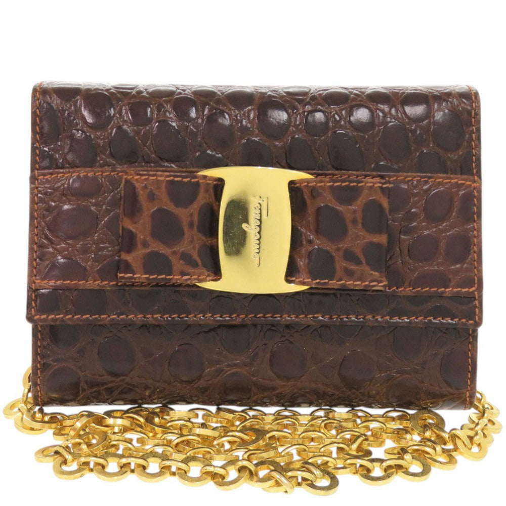 美品 サルヴァトーレフェラガモ チェーンショルダー ヴァラリボン AQ213202 型押しレザー ブラウン ショルダーバッグ 茶 0859【中古】Salvatore Ferragamo