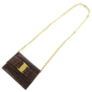 美品 サルヴァトーレフェラガモ チェーンショルダー ヴァラリボン AQ213202 型押しレザー ブラウン ショルダーバッグ 茶 0859【中古】Salvatore Ferragamo