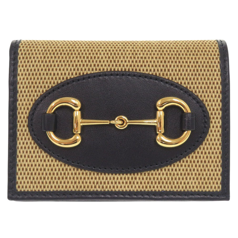 新品同様 グッチ ホースビット 621887 キャンバス レザー ベージュ ネイビー 二つ折り財布 0860【中古】GUCCI