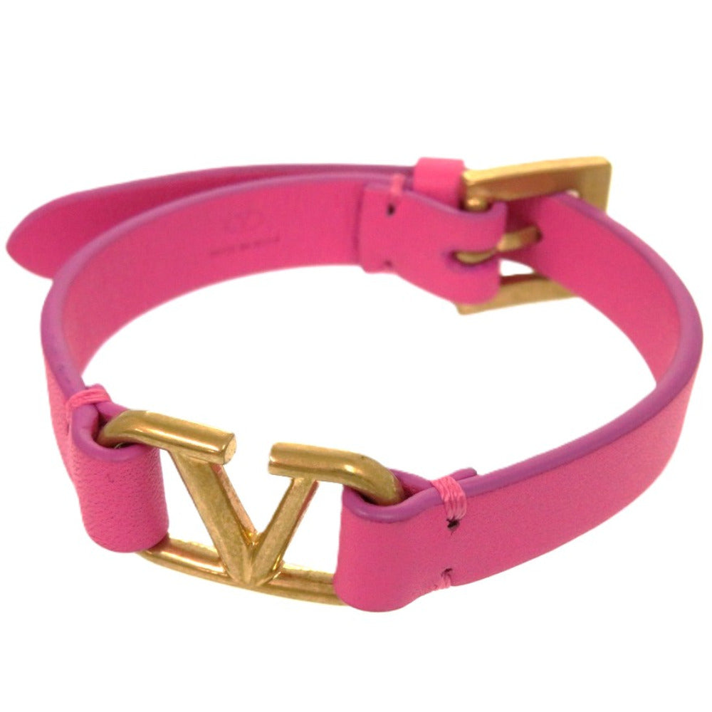 美品 ヴァレンティノ ガラヴァーニ Vロゴ レザー ピンク ブレスレット 0891【中古】Valentino Garavani