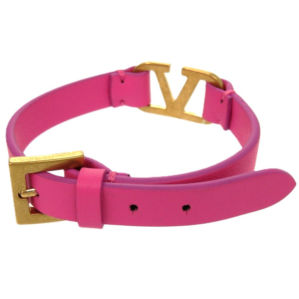 美品 ヴァレンティノ ガラヴァーニ Vロゴ レザー ピンク ブレスレット 0891【中古】Valentino Garavani