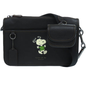 美品 コーチ×PEANUTS スヌーピー ミニポーチ付き ヘリテージ コンバーチブル クロスボディ レザー ブラック 黒 ショルダーバッグ 0908【中古】COACH
