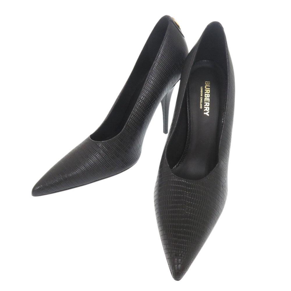 未使用品 バーバリー サイズ38 型押しレザー ブラック パンプス ヒール 黒 0952【中古】BURBERRY