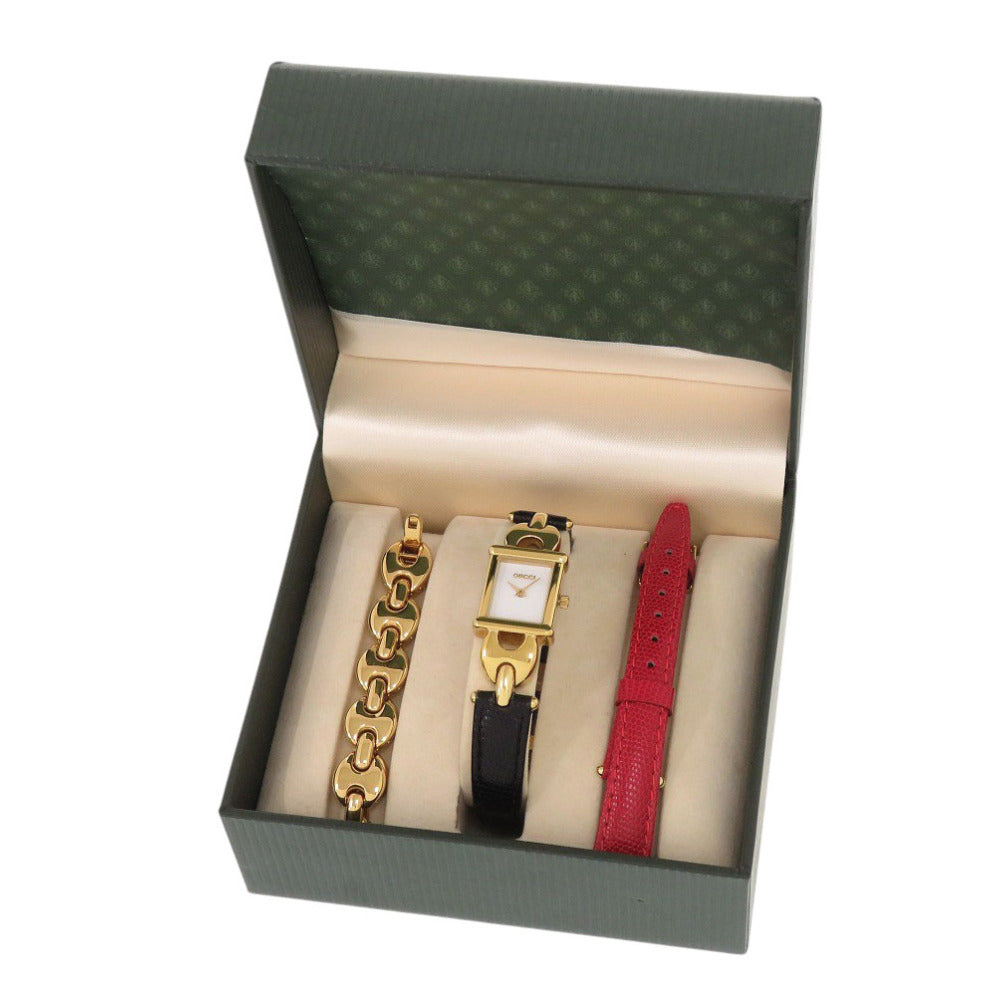 美品 グッチ 1800L チェンジベルト GP 型押しレザー ホワイト 白文字盤 ブラック レッド クオーツ 腕時計 1052【中古】GUCCI