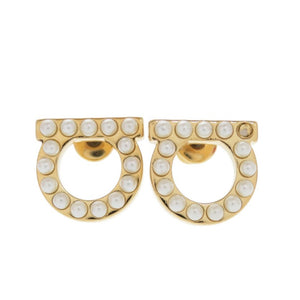 美品 サルヴァトーレフェラガモ ガンチーニ パール 760125 696581 クリスタル 真鍮 ゴールド ピアス 1101【中古】Salvatore Ferragamo