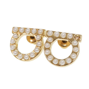 美品 サルヴァトーレフェラガモ ガンチーニ パール 760125 696581 クリスタル 真鍮 ゴールド ピアス 1101【中古】Salvatore Ferragamo