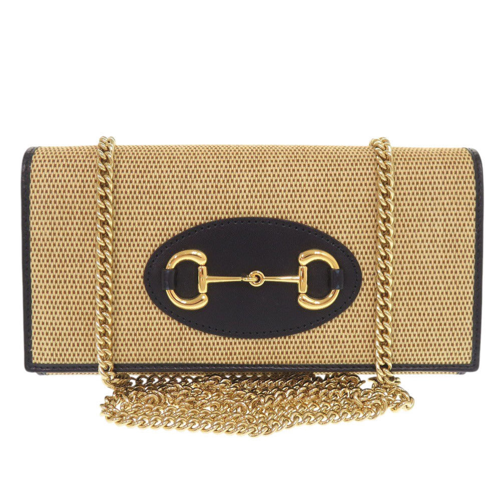 新品同様 グッチ ホースビット 621888 キャンバス レザー ベージュ ネイビー チェーンウォレット 長財布 1236【中古】GUCCI