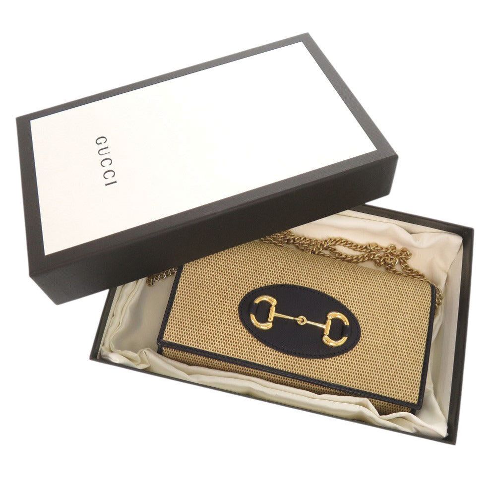 新品同様 グッチ ホースビット 621888 キャンバス レザー ベージュ ネイビー チェーンウォレット 長財布 1236【中古】GUCCI