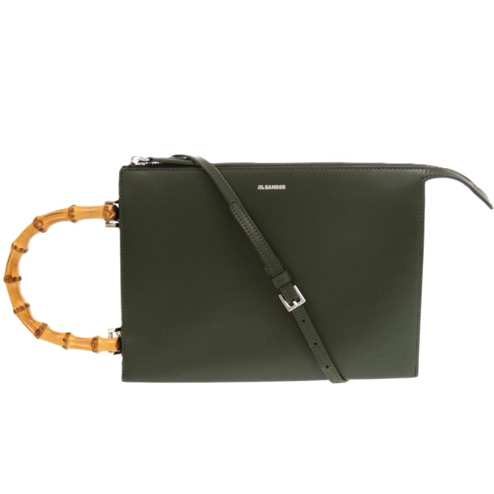 新品同様 ジルサンダー トゥーティ― TOOTIE バンブーハンドル 2WAY レザー バンブー カーキ 緑 クラッチバッグ 1400【中古】JIL SANDER