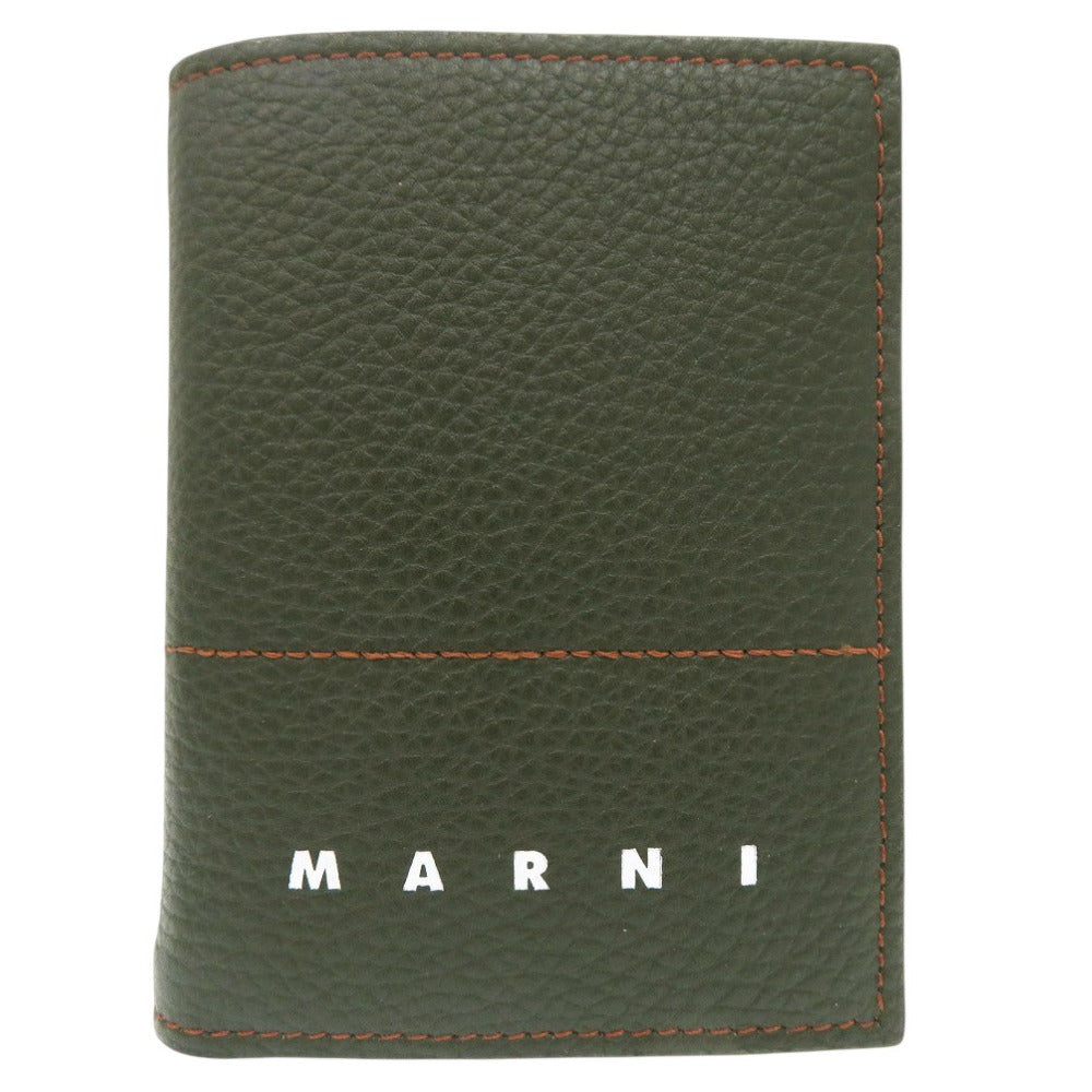 新品同様 マルニ ロゴプリント ステッチ PFMI006U0LV688 二つ折り財布 レザー グリーン 1492【中古】MARNI