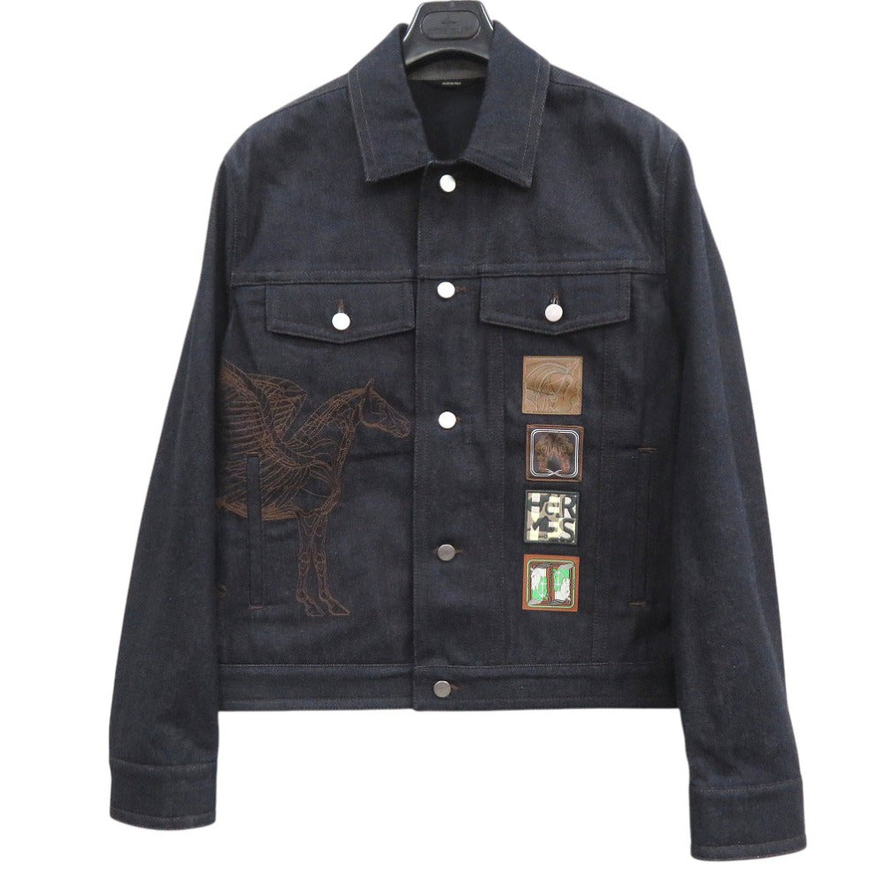 未使用品 エルメス アイコン オ カレ デニムジャケット 刺繍 コットン レザー インディゴ 1667【中古】HERMES