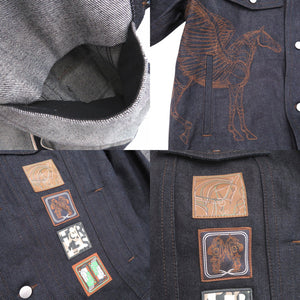 未使用品 エルメス アイコン オ カレ デニムジャケット 刺繍 コットン レザー インディゴ 1667【中古】HERMES