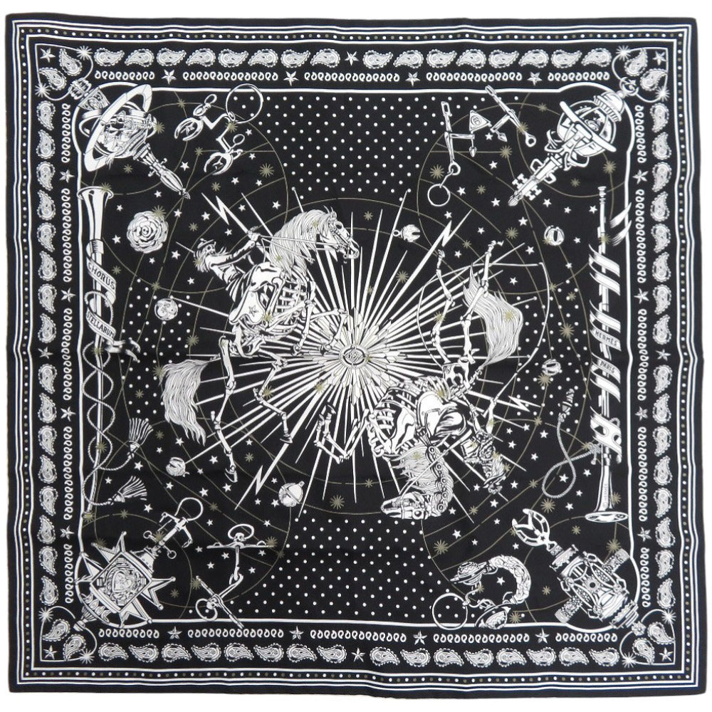 未使用品 エルメス バンダナ カレ55 コーラス ステラルム シルク ブラック ホワイト スカーフ 1754【中古】HERMES