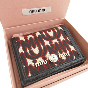 新品同様 ミュウミュウ エムエムパリス ビジュー キャンバス レザー ブラック 黒 2つ折り財布 財布 1820【中古】miumiu