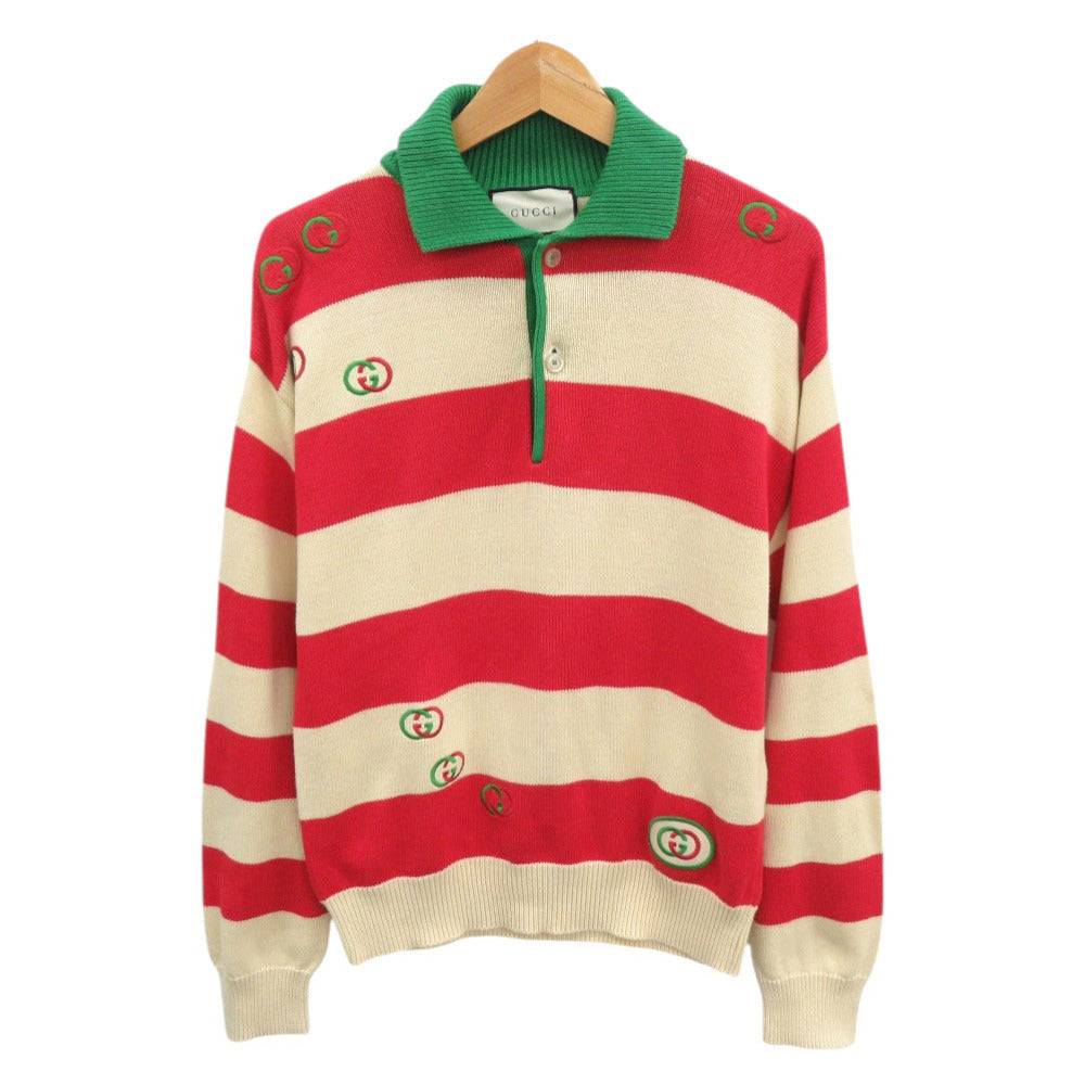 美品 グッチ ボーダー柄 ロゴ刺繍 サイズXS コットン ポリエステル グリーン ベージュ レッド 長袖ニット ニット 1830【中古】GUCCI