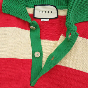 美品 グッチ ボーダー柄 ロゴ刺繍 サイズXS コットン ポリエステル グリーン ベージュ レッド 長袖ニット ニット 1830【中古】GUCCI