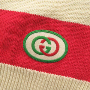 美品 グッチ ボーダー柄 ロゴ刺繍 サイズXS コットン ポリエステル グリーン ベージュ レッド 長袖ニット ニット 1830【中古】GUCCI