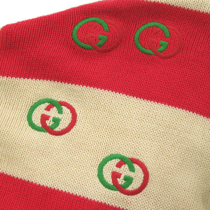 美品 グッチ ボーダー柄 ロゴ刺繍 サイズXS コットン ポリエステル グリーン ベージュ レッド 長袖ニット ニット 1830【中古】GUCCI