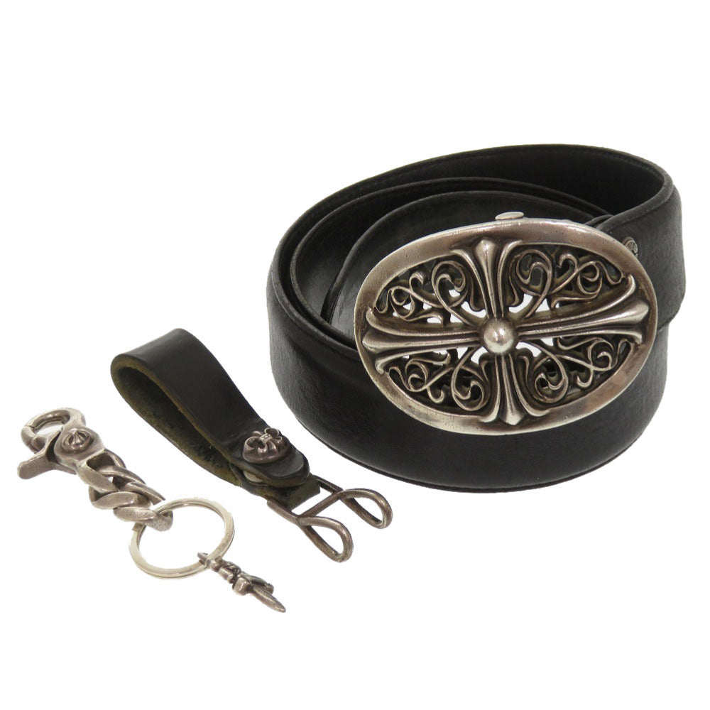 クロムハーツ 3点セット オーバルクロスバックル クラシックチェーン 2リンク BS フレアボール ベルトループ BUCKL OVAL1.5 CLIP CHAIN CLASSIC 2LINK BELT LOOP ベルト チャーム レザー ブラック 1934 【中古】 CHROME HEARTS メンズ