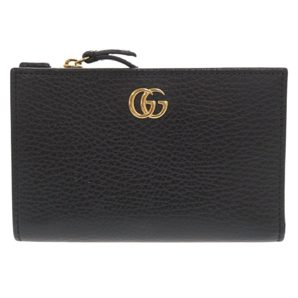 美品 グッチ GGマーモント ダブルG 546588 レザー ブラック 二つ折り財布 黒 0069【中古】GUCCI