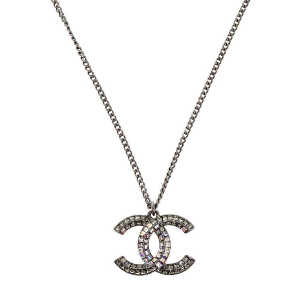 美品 シャネル ココマーク メタル ラインストーン ガンメタリック ネックレス 0076【中古】CHANEL