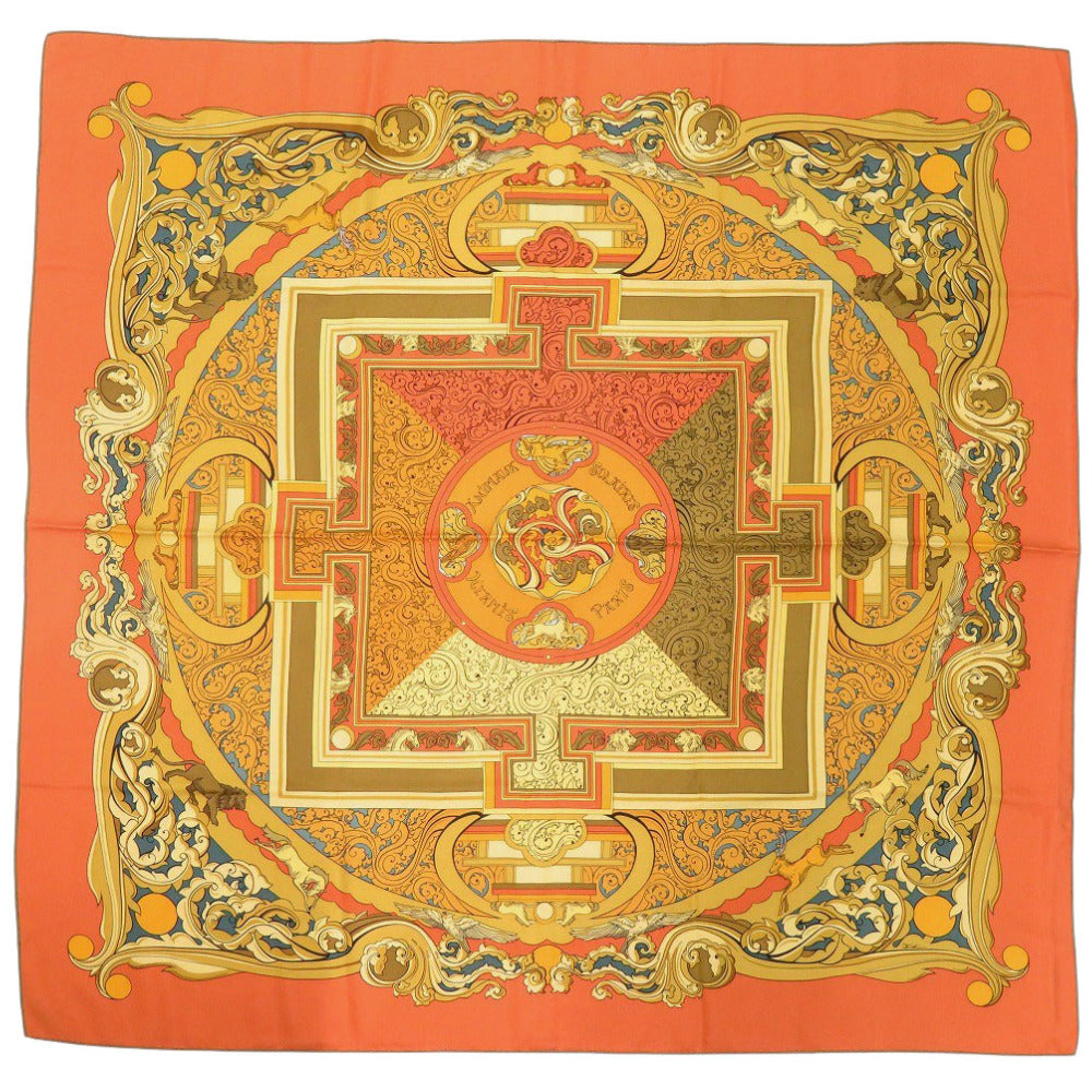 美品 エルメス カレ90 ANIMAUX SOLAIRES 太陽の動物たち シルク オレンジ スカーフ 0097【中古】HERMES