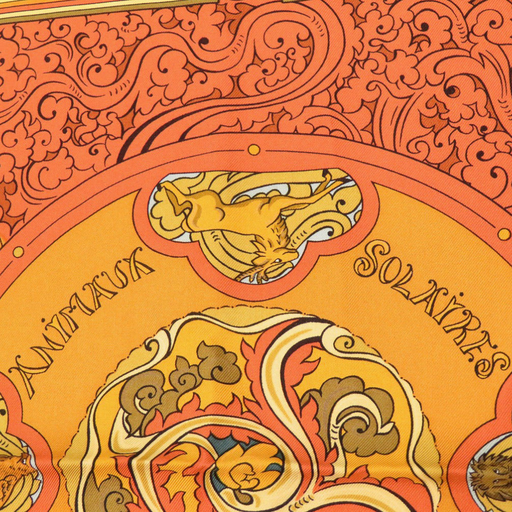 美品 エルメス カレ90 ANIMAUX SOLAIRES 太陽の動物たち シルク オレンジ スカーフ 0097【中古】HERMES