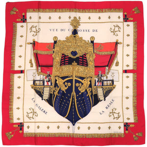 美品 エルメス カレ90 クイーンの戴冠式 VUE DU CARROSSE DE LA GALERE LA REALE シルク アイボリー 赤 スカーフ 0102【中古】HERMES