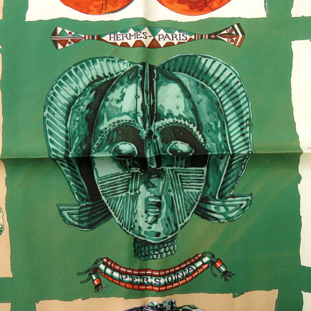 美品 エルメス カレ90 ペルソナ PERSONA シルク グリーン オレンジ レッド スカーフ 0105【中古】HERMES