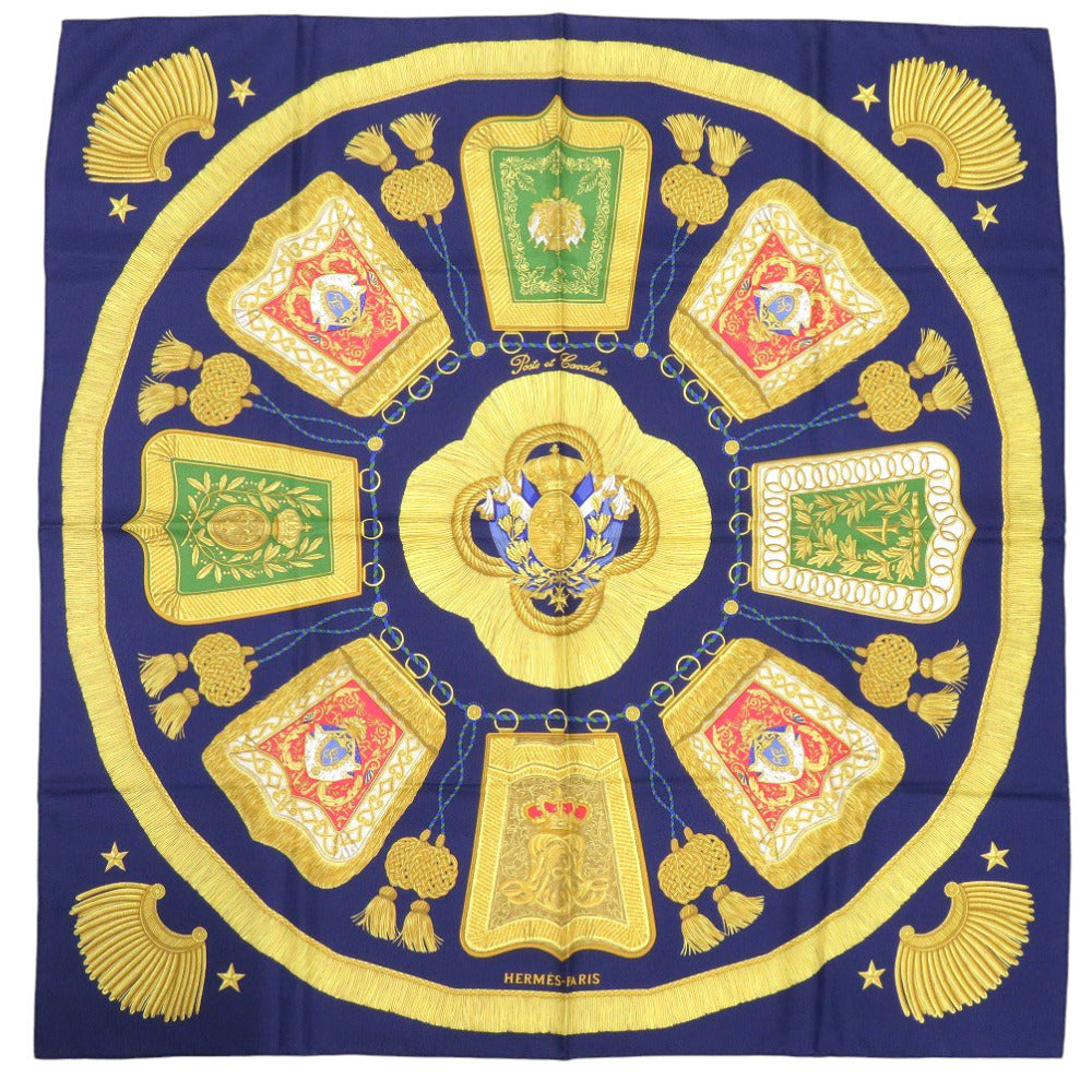 美品 エルメス カレ90 Poste et Cavalerie サーベル飾袋 シルク ブルー スカーフ 青 0108【中古】HERMES