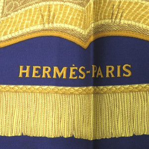 美品 エルメス カレ90 Poste et Cavalerie サーベル飾袋 シルク ブルー スカーフ 青 0108【中古】HERMES