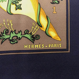 美品 エルメス カレ90 LE TAROT タロット シルク ブラック ゴールド クリーム スカーフ 0111【中古】HERMES