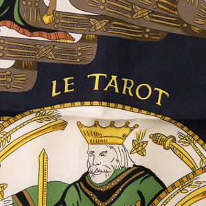 美品 エルメス カレ90 LE TAROT タロット シルク ブラック ゴールド クリーム スカーフ 0111【中古】HERMES