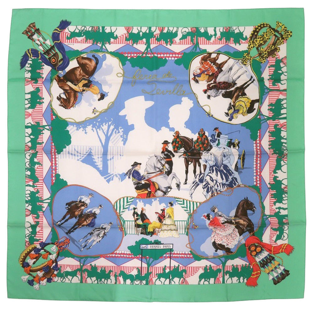 美品 エルメス カレ90 FERIA DE SEVILLA セビリアの休日 シルク グリーン スカーフ 緑 0119【中古】HERMES