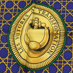 エルメス カレ90 LES VOITURES A TRANSFORMATION 折り畳み式幌馬車 シルク ブルー スカーフ 青 0121【中古】HERMES