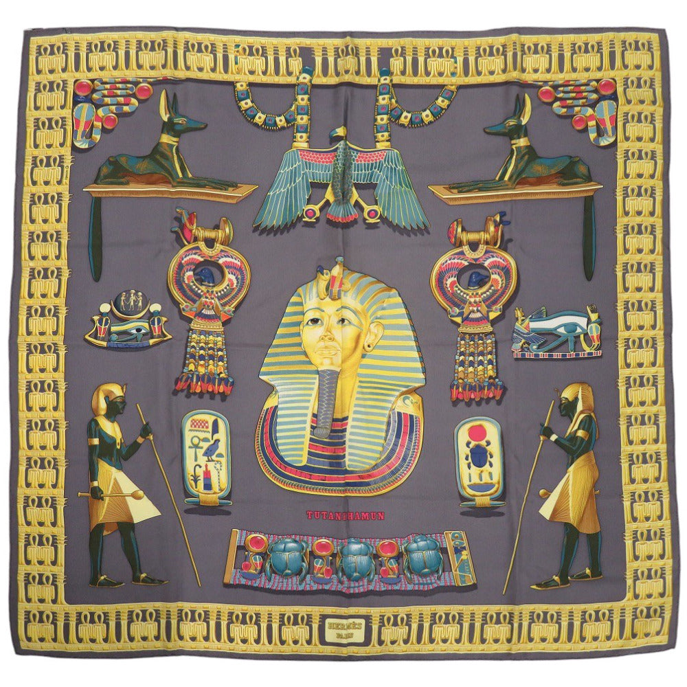 美品 エルメス カレ90 TUTANKHAMUN ツタンカーメン シルク グレー スカーフ 0123【中古】HERMES