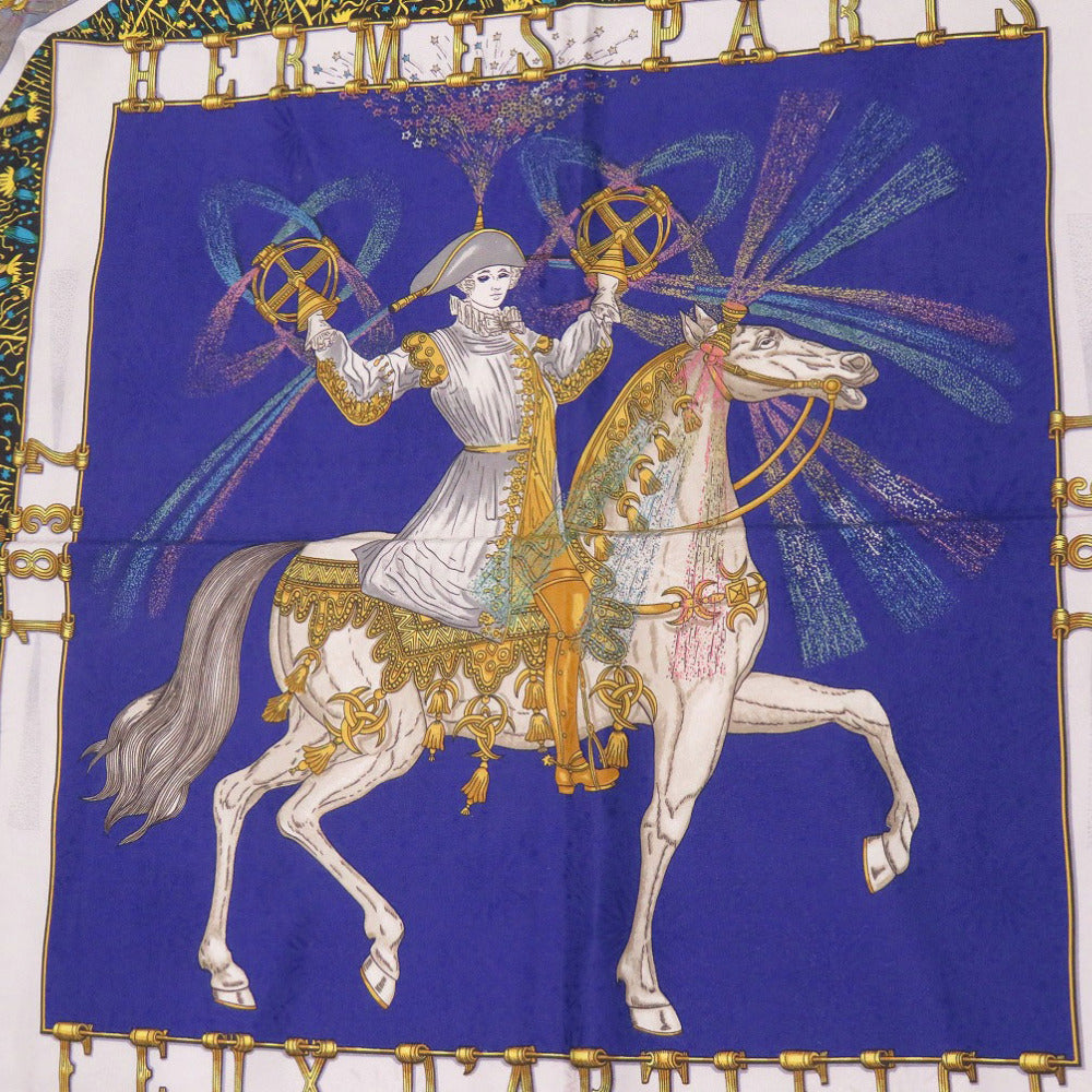 美品 エルメス カレ90 FEUX D’ARTIFICE 技巧の火 シルク ネイビー スカーフ 0125【中古】HERMES