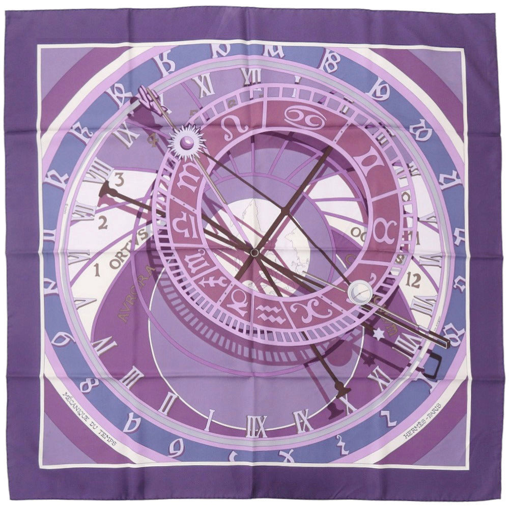 美品 エルメス カレ90 MECANIQUE DU TEMPS 時の仕掛け シルク パープル スカーフ 0139【中古】HERMES